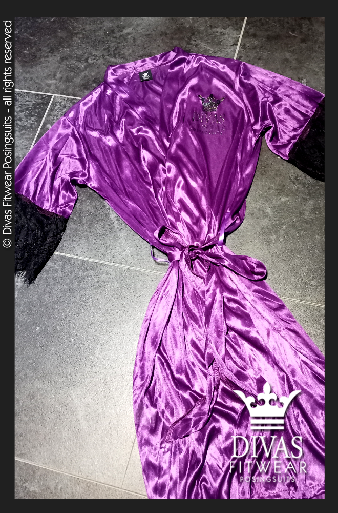 Divas Fitwear Satin Backstage Robe - Black Glitter on Purple