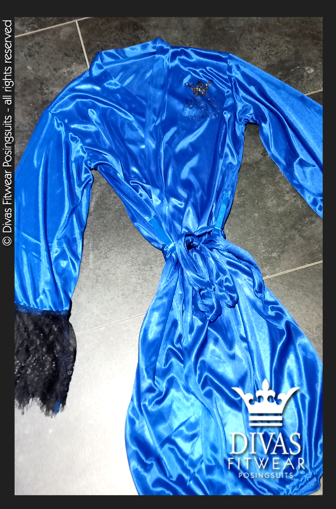 Divas Fitwear Satin Backstage Robe - Black Glitter on Royal Blue