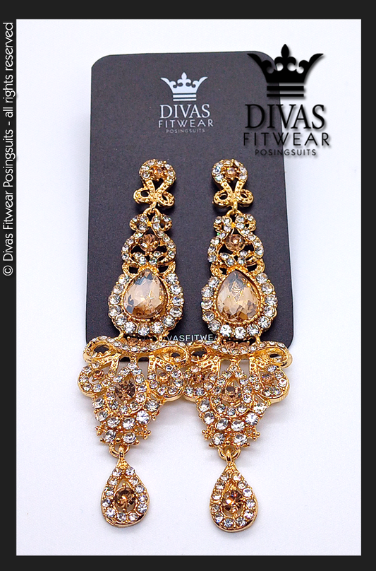 Divas Fitwear Rhinestone Long Drop Earrings ' Troy' - gold