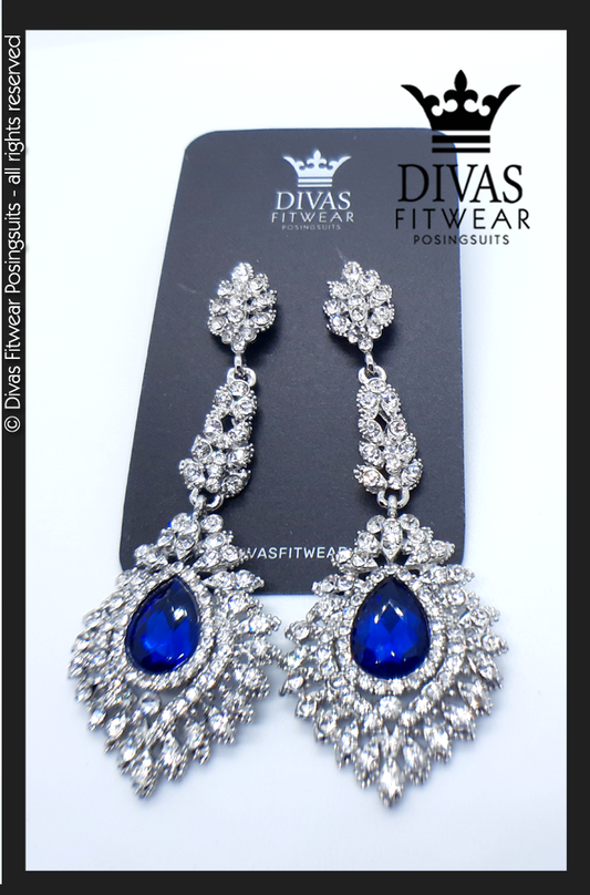 Divas Fitwear Rhinestone Long Drop Earrings ' Sloane' - blue