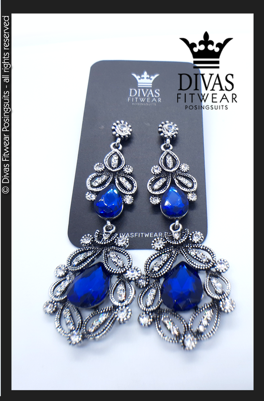 Divas Fitwear Rhinestone Long Drop Earrings ' Leaves' - blue