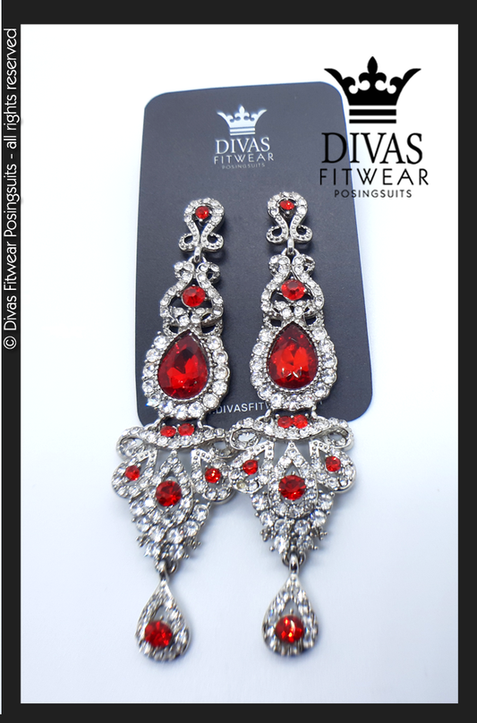 Divas Fitwear Rhinestone Long Drop Earrings ' Troy' - red