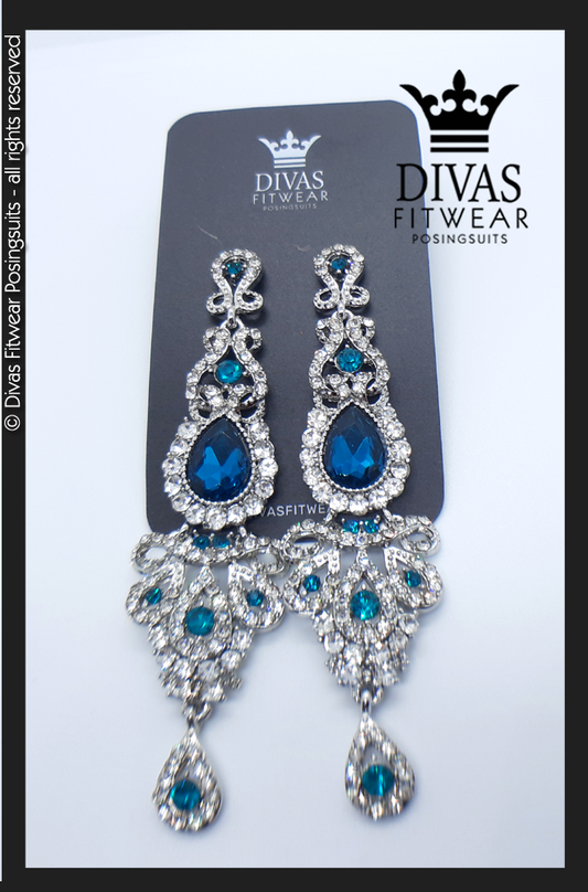 Divas Fitwear Rhinestone Long Drop Earrings ' Troy' - aqua