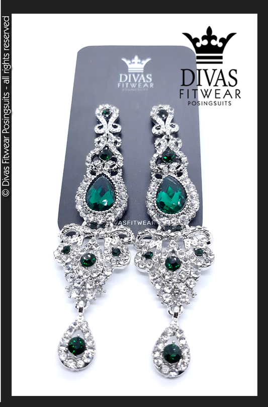 Divas Fitwear Rhinestone Long Drop Earrings ' Troy' - green