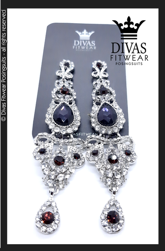 Divas Fitwear Rhinestone Long Drop Earrings ' Troy' - purple