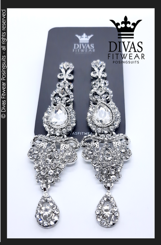 Divas Fitwear Rhinestone Long Drop Earrings ' Troy' - clear