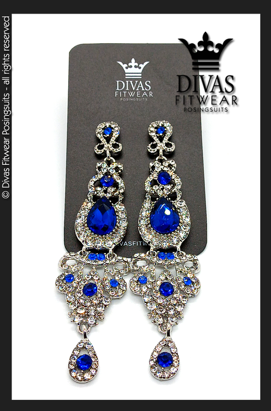 Divas Fitwear Rhinestone Long Drop Earrings ' Troy' - sapphire